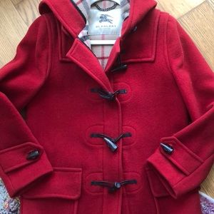 Burberry Hooded Toggle Wool Coat - Red